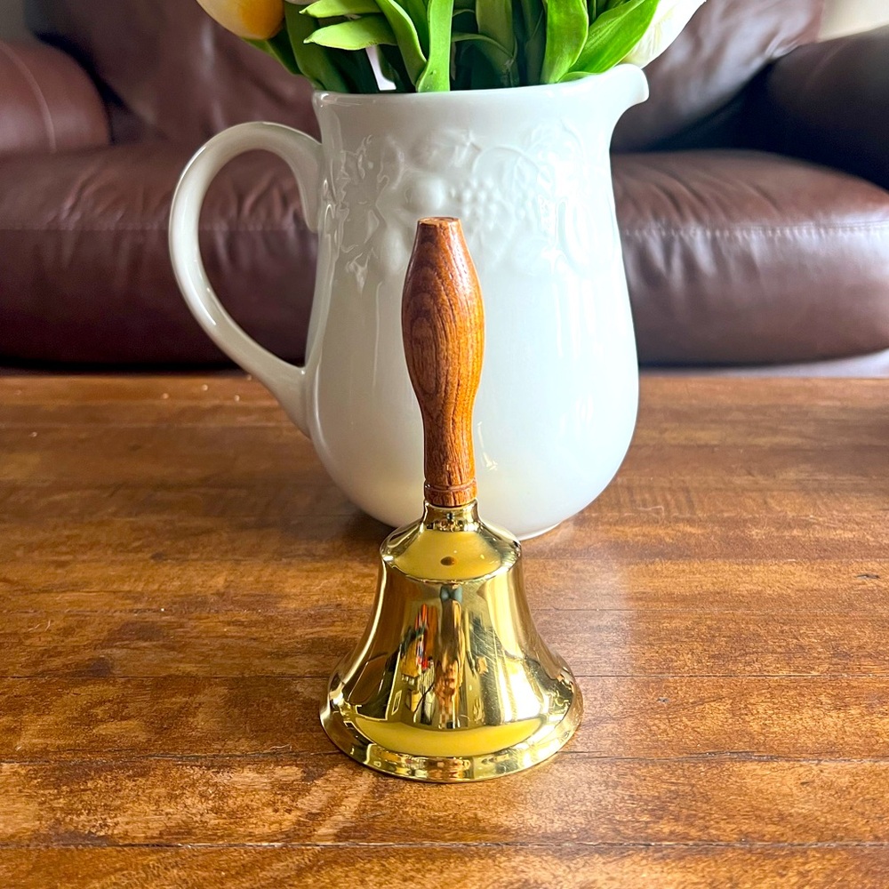 Adorable hand held brass school bell with wood handle